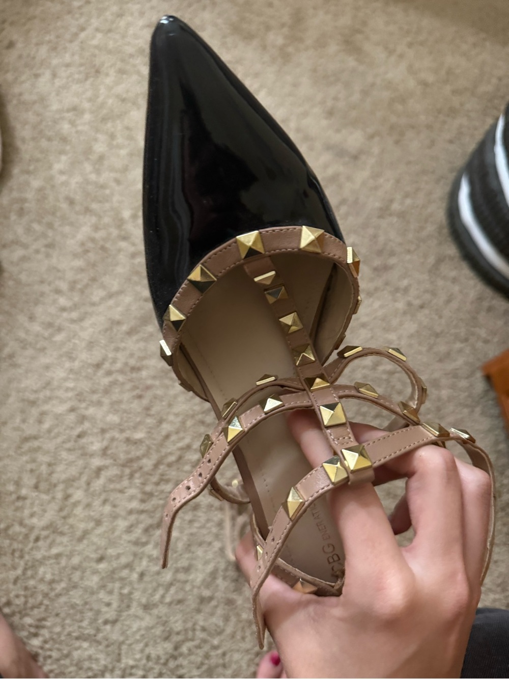 Studded Pointed-Toe Strappy Pump in Black and Nude - Picture 4 of 5